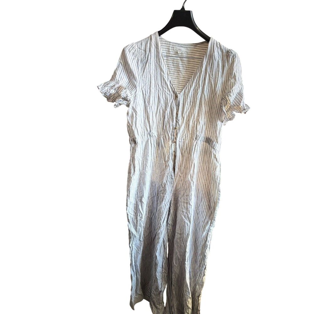 A Loves Striped Linen Cotton Jumpsuit Button Front Wide Leg Ruffle Sleeve